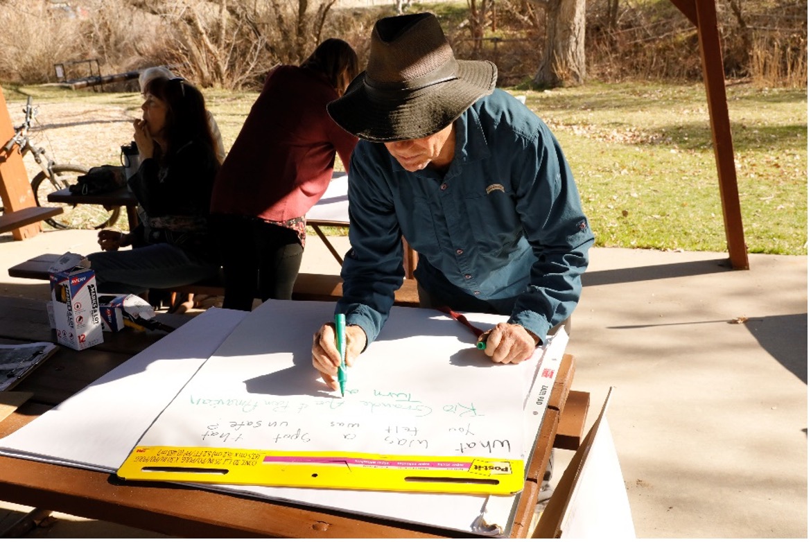 Person writing down their notes on a large pad of paper on a table outside