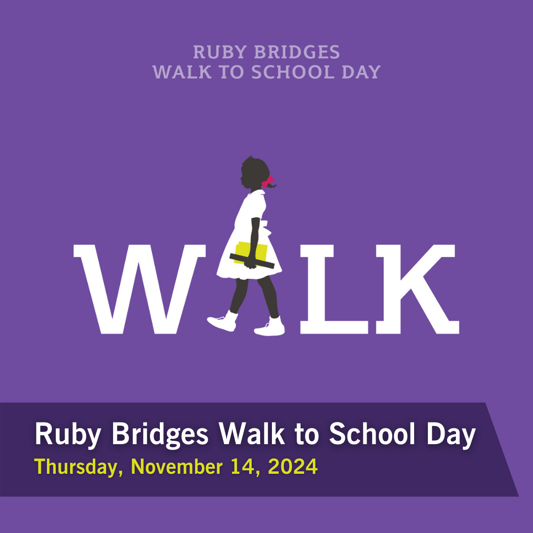 Graphic of Ruby Bridges Walk to School Day. Text with the title on a lavender purple background.